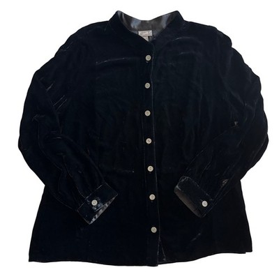 J. Jill Blouse Top Womens XL Shirt Black Silk Blend Liquid Velvet Collar Button