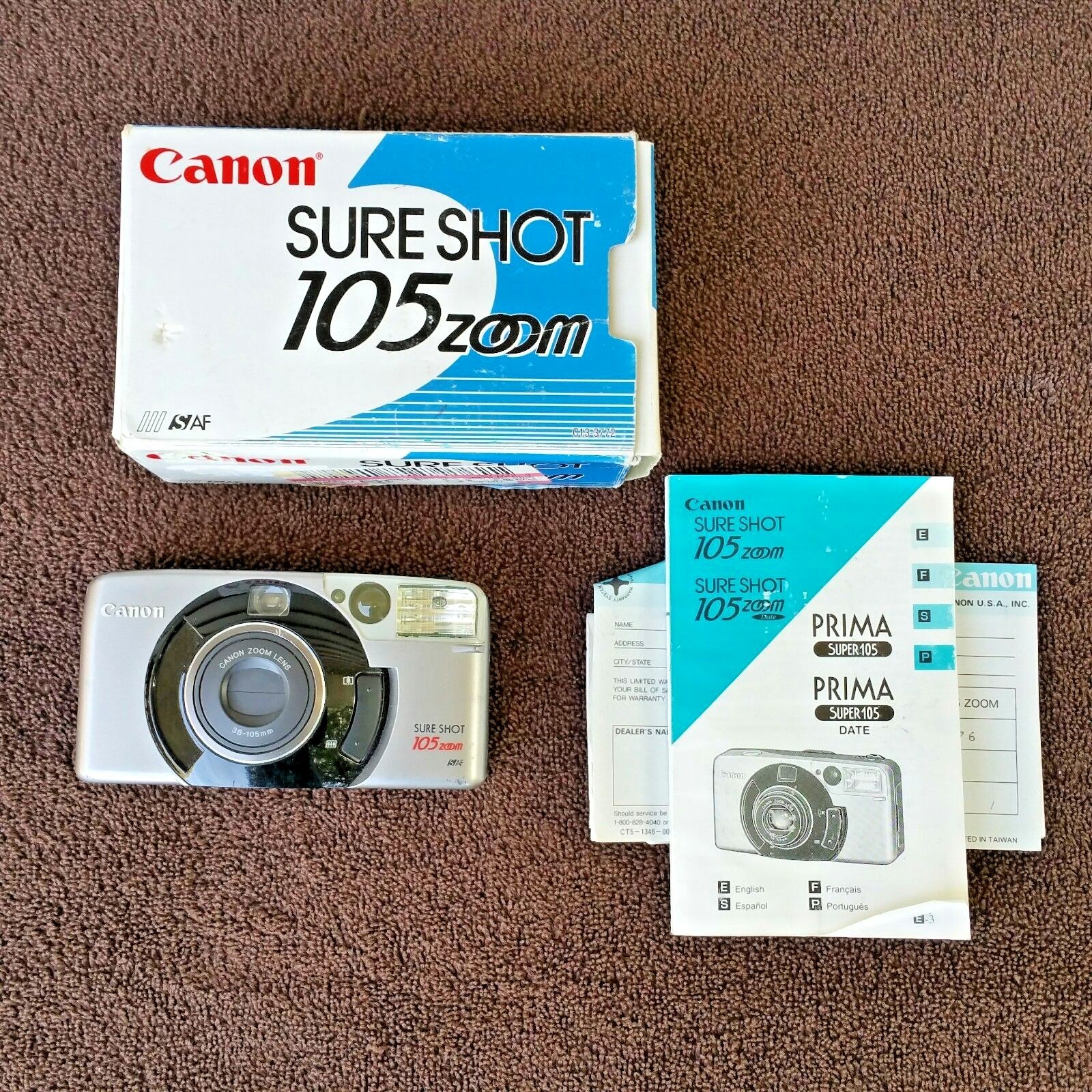 Canon Sure Shot 105 Zoom S Date 35 MM Film Camera Original Box Manual Directions