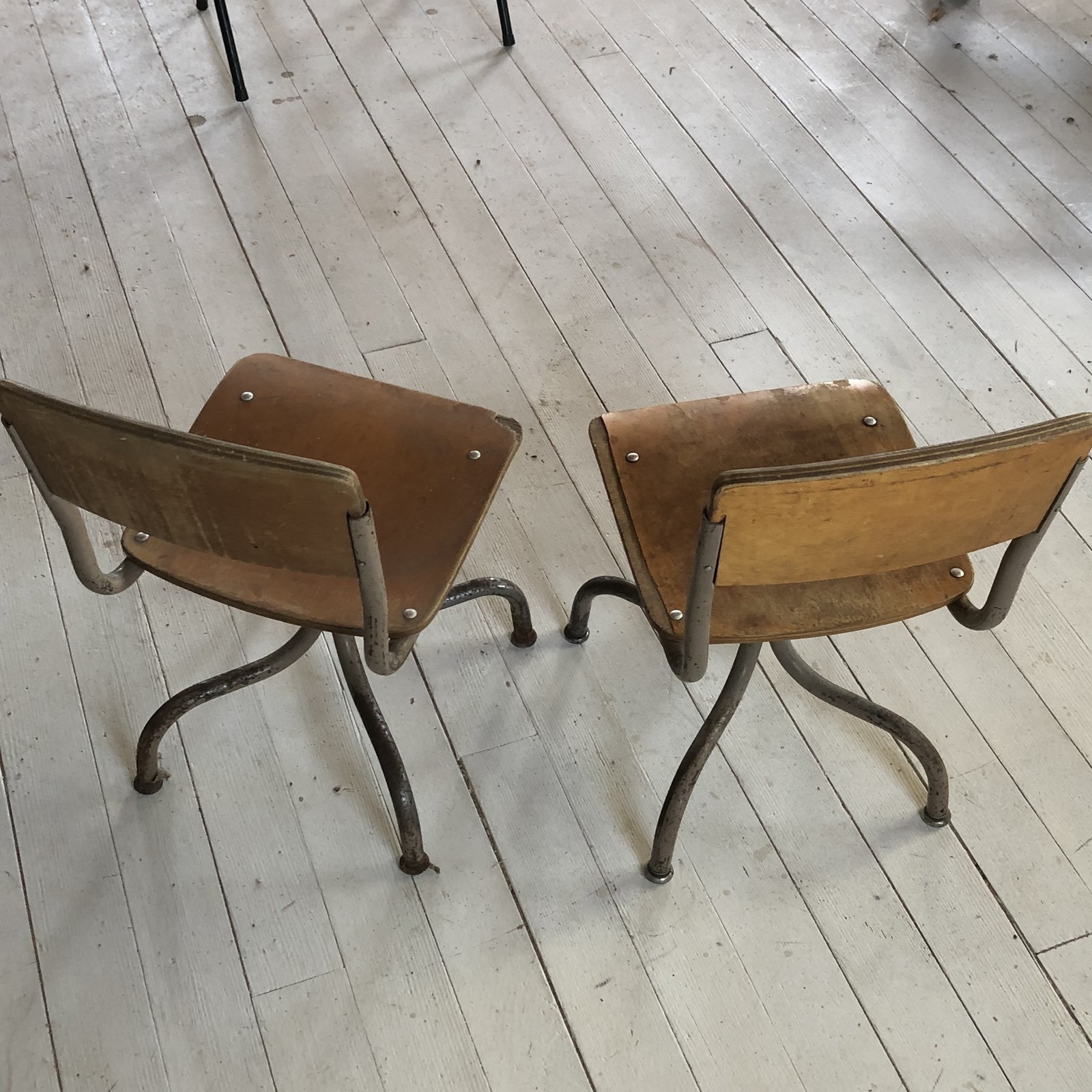 VNTGE Matching Pair of Children’s Very Small Wood/Metal School Chair Curved Legs