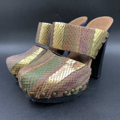 UGG COLLECTIONS SANDALS WOMENS SIZE 7 PLATFORM CLOG MULTI LEATHER SNAKE 5'' HEEL