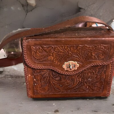 Vintage Leather Satchel Case Hand Tooled Camera Bag Box