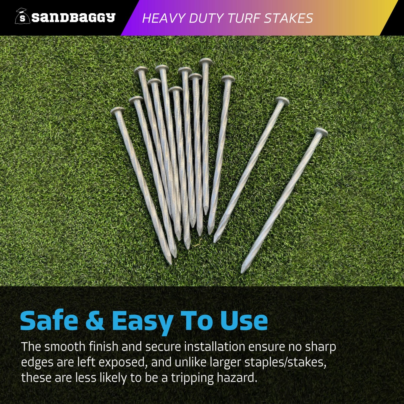 Sandbaggy 8 in. Heavy Duty Galvanized Spiral Artificial Turf Nails - 4 Ga Steel