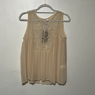 Francesca's Alya Chiffon Sleeveless Top Blouse Sz M Taupe Hau Pleats Semi Sheer