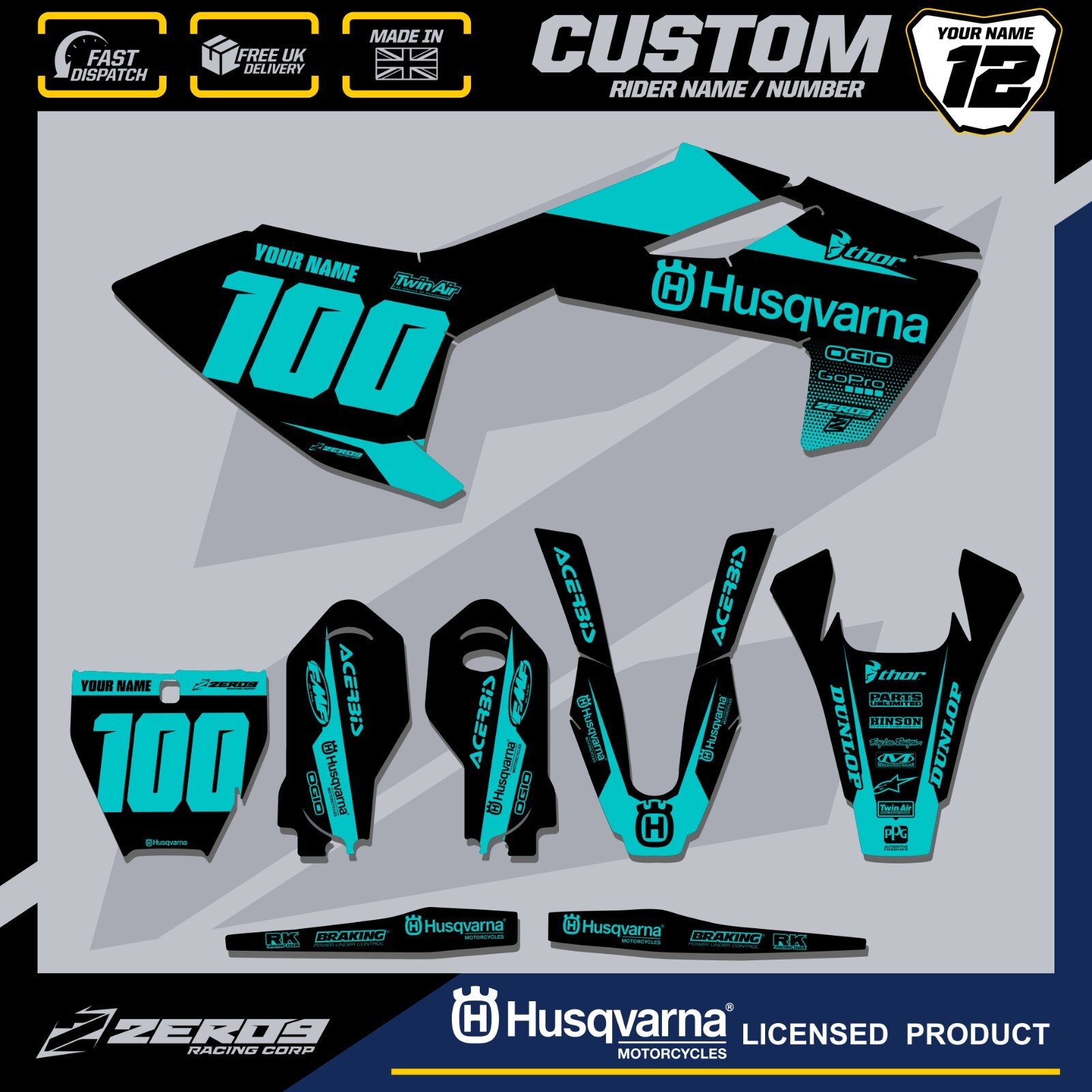 HUSQVARNA 85 MOTOCROSS GRAPHICS CUSTOM MX GRAPHICS KIT TC 85 BLOK BLK/TEAL