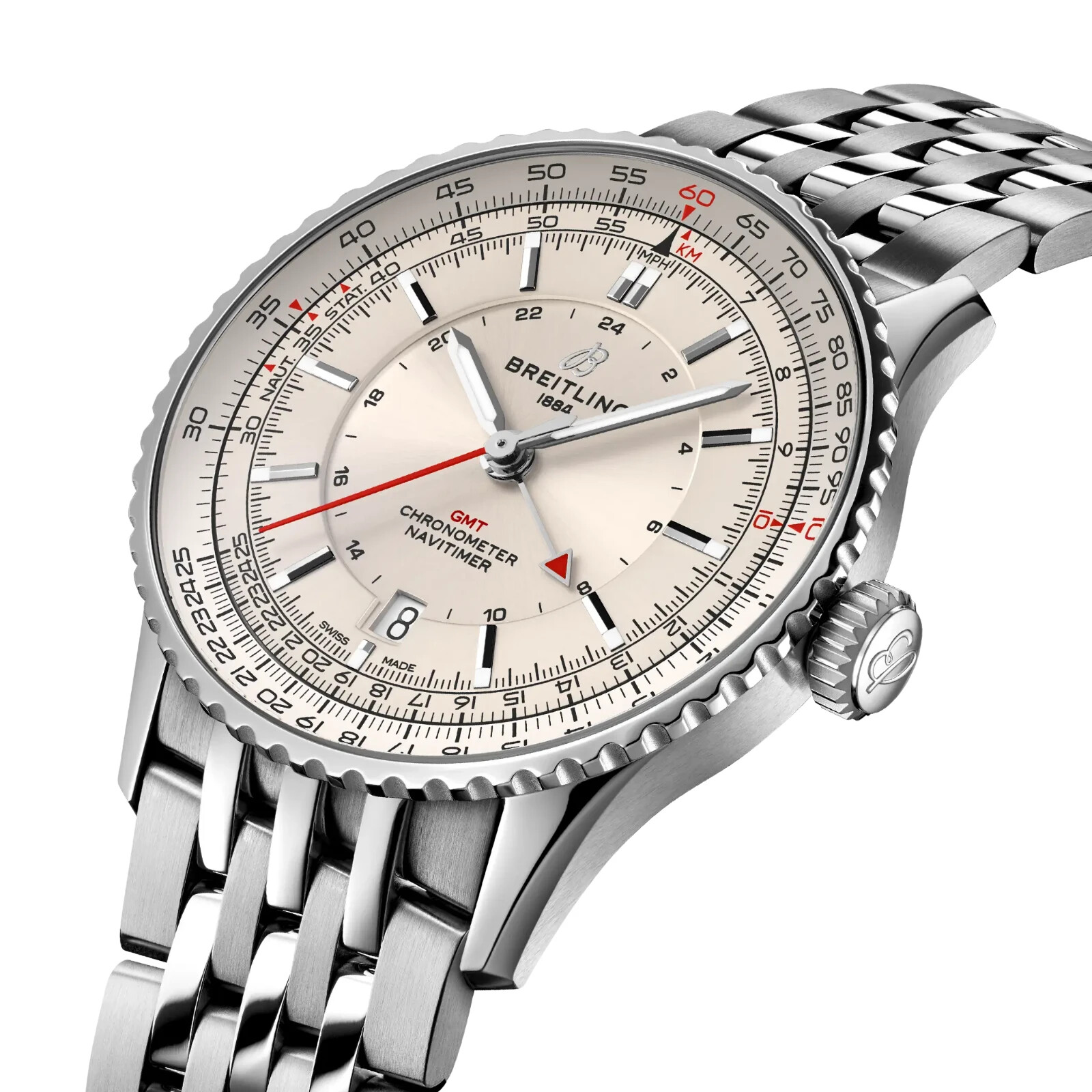 Pre-owned Breitling Navitimer Automatic Gmt 41mm Silver Dial Stainless Steel A32310211g1a1