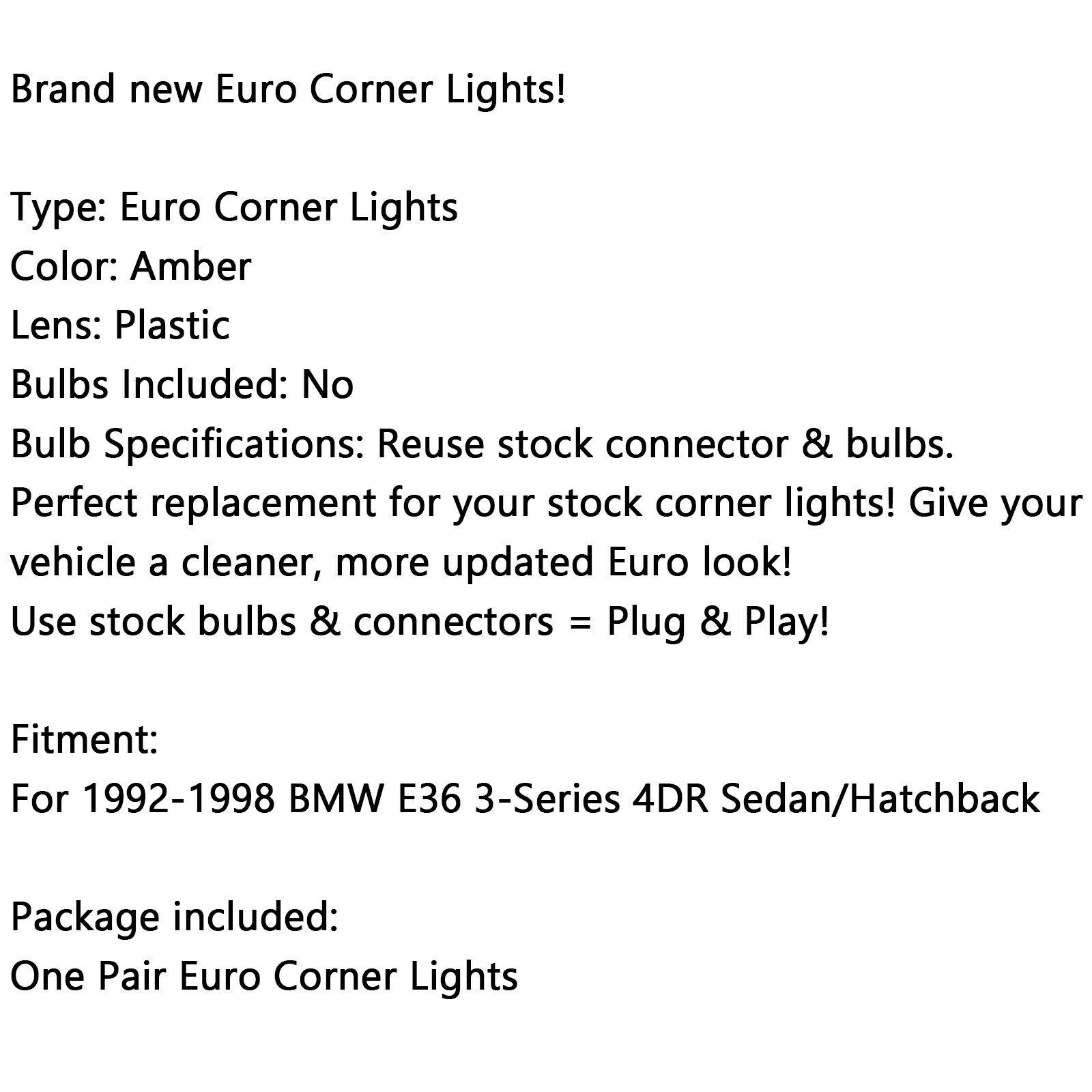 Corner Lights For BMW E36 3-Series 4Dr Sedan/Hatchback 1992-1998 Amber F8