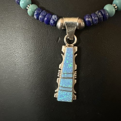 Pre-owned Handmade Mens Blue Turquoise Lapis Opal Pendant Navajo Sterling Silver Necklace 20" 17896