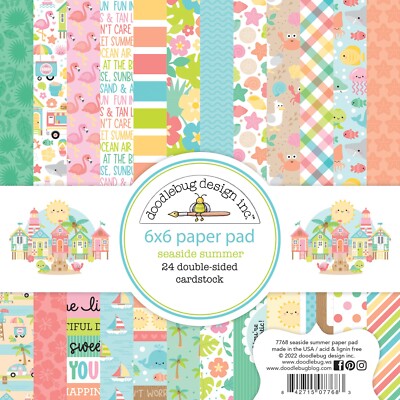 Doodlebug 6X6 Paper Pad Seaside Summer Beach Cottages Sea Life Sailboat Flamingo