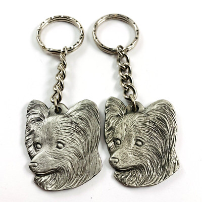 2 Papillon Dog Pewter Keychains Vintage 1984 Rawcliffe P Davis Key Ring