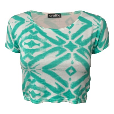 LADIES WOMENS MINT GREEN TIE-DYE PATTERN PRINT CAP SLEEVE STRETCHY CROP TOP