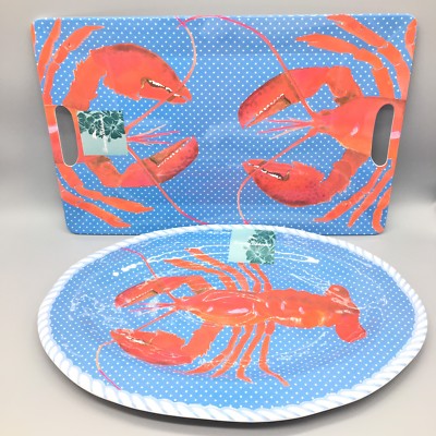 2pc Tommy Bahama Lobster MELAMINE Serving Platter Set Tray Nautical Red Blue NEW