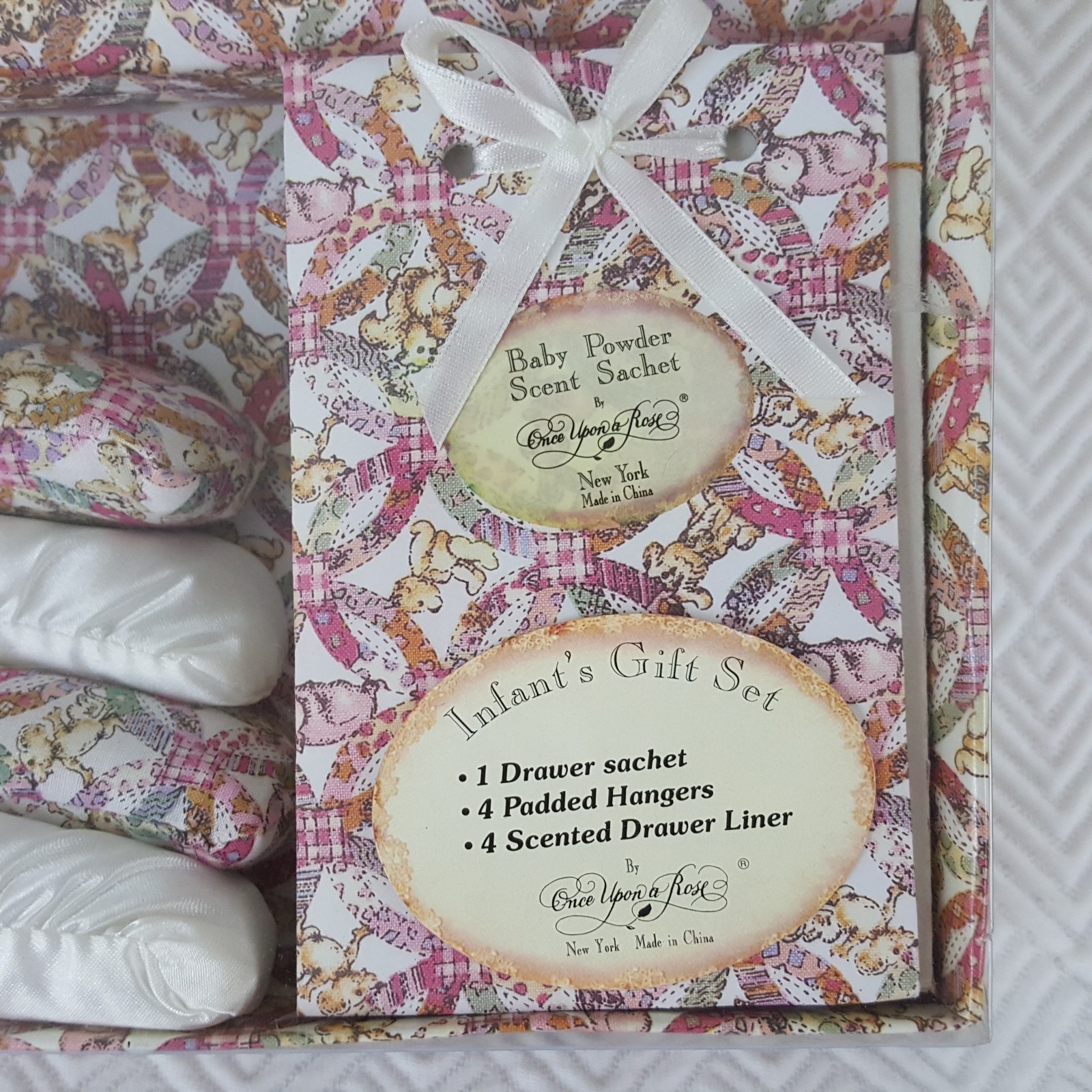 Once Upon A Rose Infant's Baby Gift Set Sachet 4 Padded Hangers Drawer Liner New