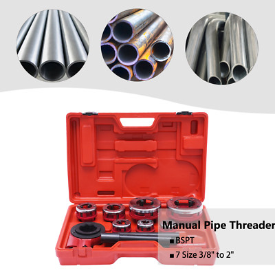 BSPT 7 Size Manual Pipe Threader Threading 3/8'' to 2'' Dies Set W/ Handle Ratchet