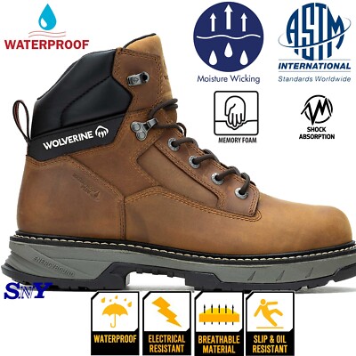 WOLVERINE Men's SOFT Toe Waterproof Leather Work Boots Moisture Wicking wv