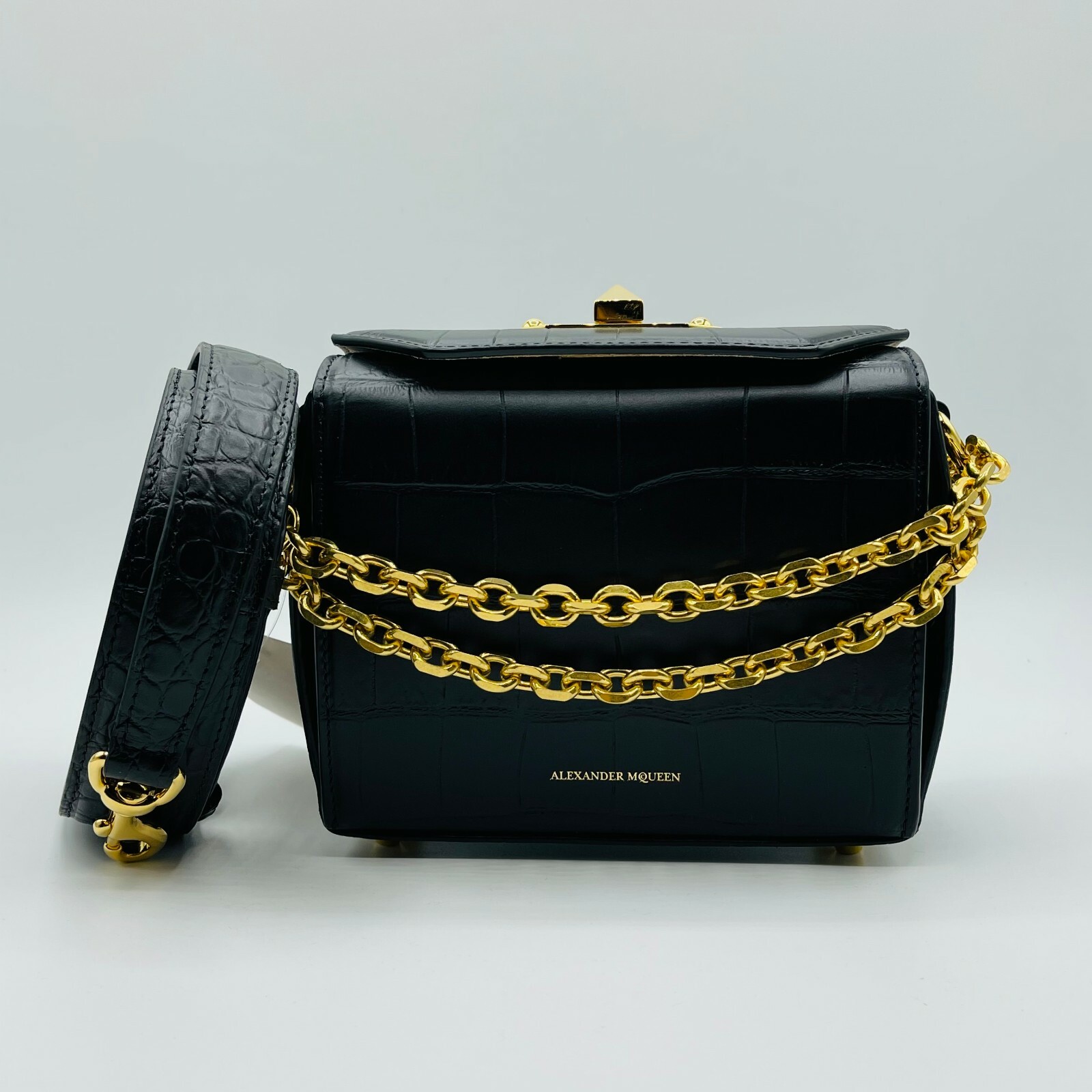 Alexander McQueen Black Crocodile Embossed Leather Box 16 Alexander McQueen Black Crocodile Embossed Leather Box 16