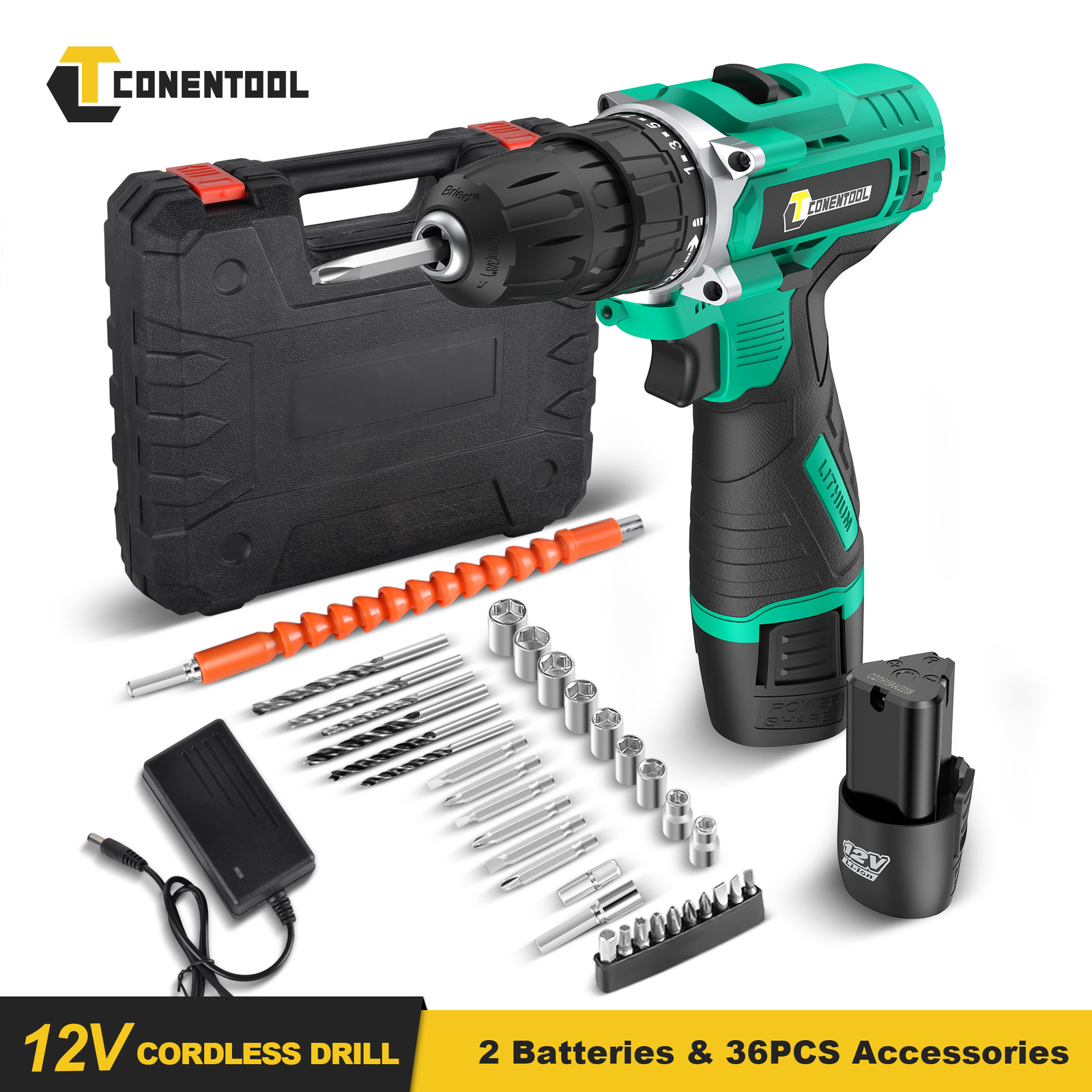 Power Tool Cordless Screwdriver 36pcs Drill Set W/ 2 Battery