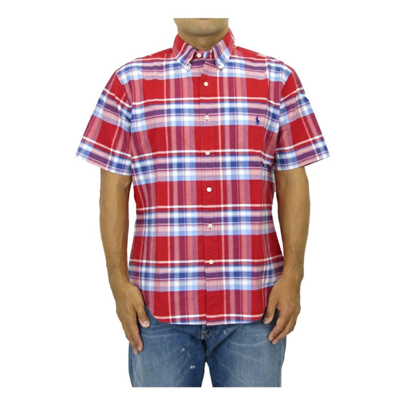Polo Ralph Lauren Short Sleeve Slim Fit Button Down Shirt with pocket - Red/Blue