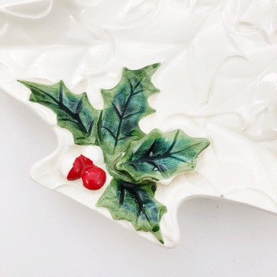 Vintage Lefton Christmas Tree Relish Dish White Holly & Berries Ceramic