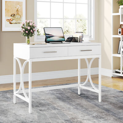 41'' White Modern Computer Desk with 2 Drawers, Home Office Study Writing Table