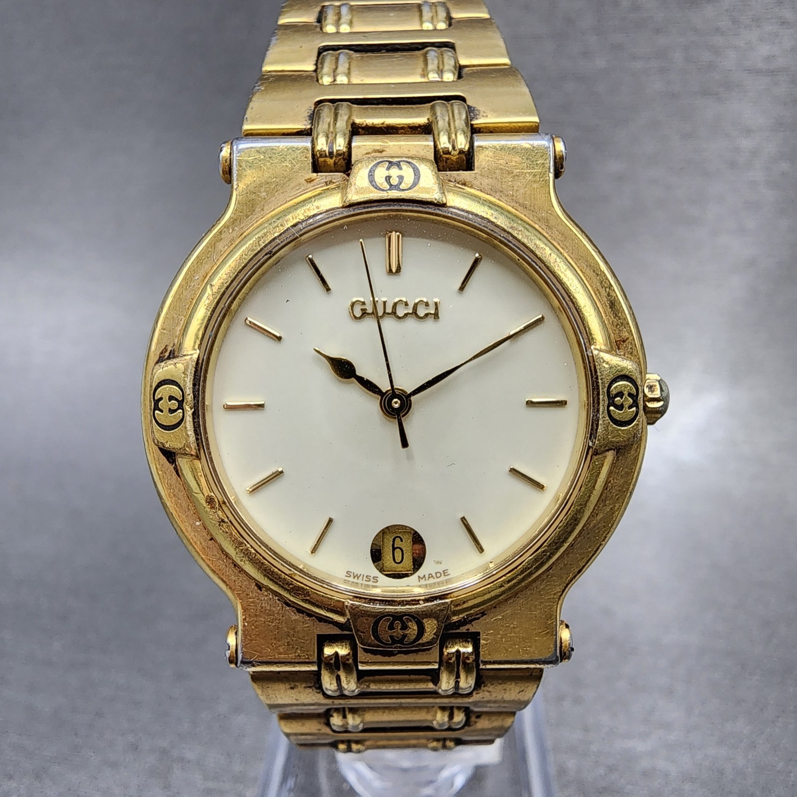 Gucci 9200M Watch Men 32mm White Dial Gold Plated Date Round PARTS