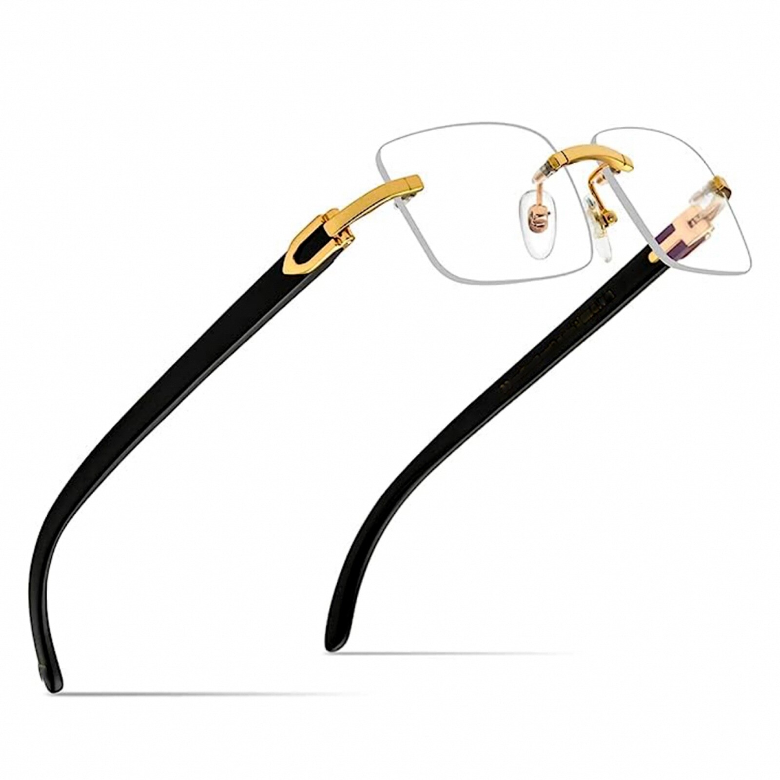 Mens Rimless Gold Frame Black Woodgrain 90s Rectangle Hip Hop Clear Tint Glasses