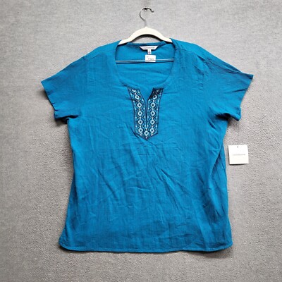 Croft & Barrow Women Top XL Blue Blouse Boho V Neck Embroidered NWT