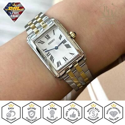 SEIKO Ladies Watch Quartz Rectangle White Dial Two Tone SWR087 Valentine Gift