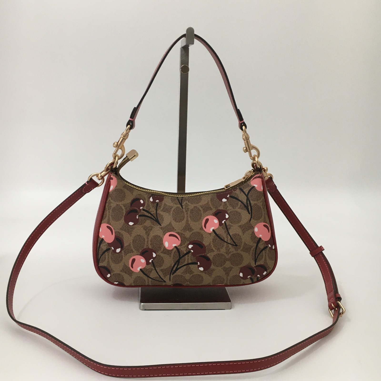 COACH CY694 Teri Shoulder Bag Signature Canvas Cherry Print Tan