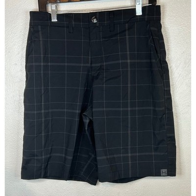 Cinch Mens Plaid Performance Shorts Black Grey Windowpane Stretch Size 30