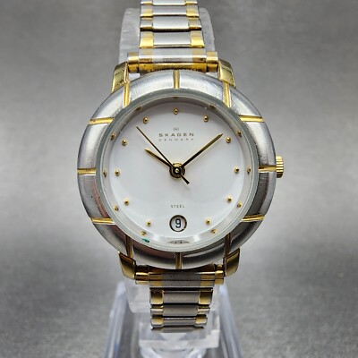 Skagen Ultra Slim Watch Women 25mm White Dial Two Tone Round Date 3SGS New Batt