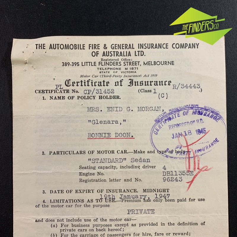 VINTAGE 1946 AUTOMOBILE FIRE &amp; GENERAL INSURANCE