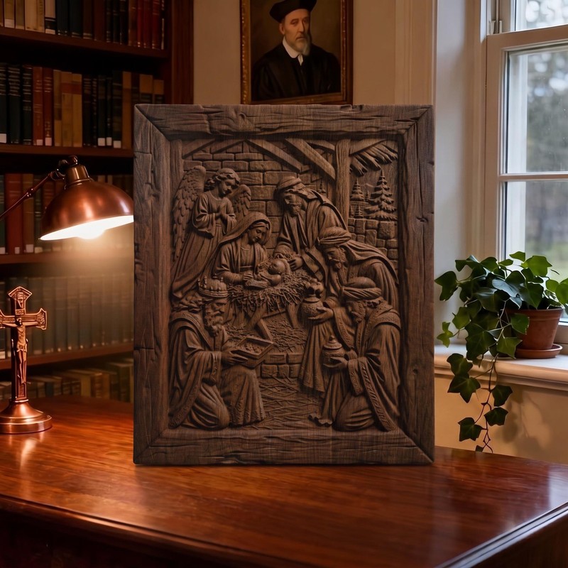 Jesus Christ and the Three Magicians Wooden Carved Handmade Christian Icon Decor