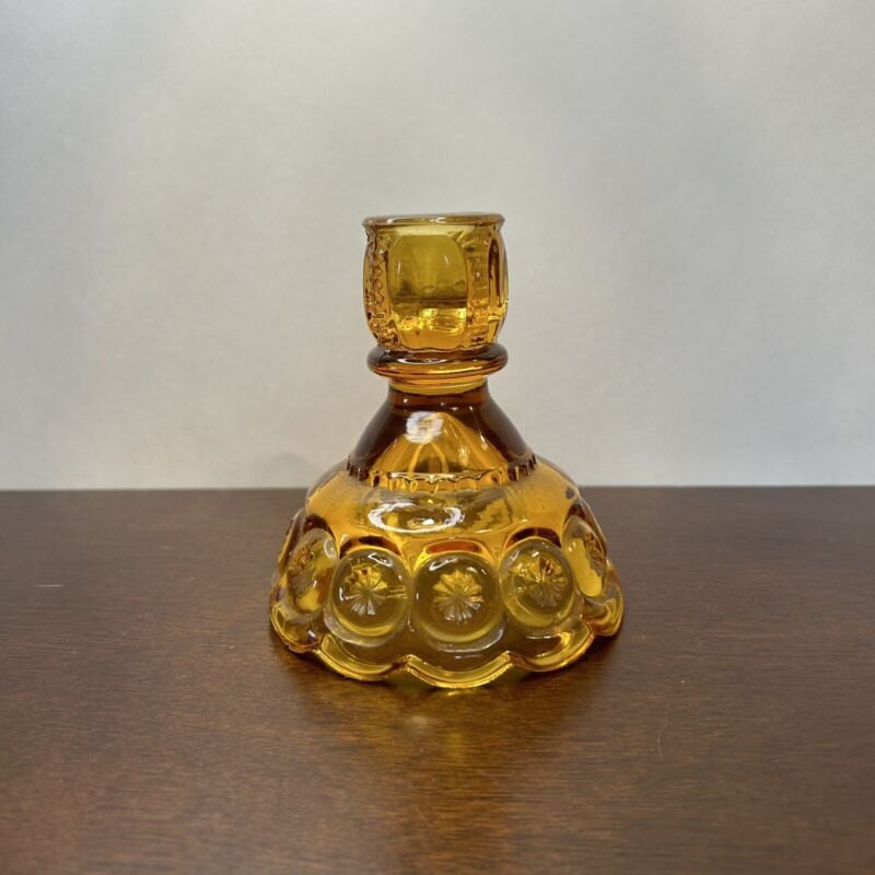 Vintage LE Smith Amber Glass Moon & Stars 4.25" Candlestick Holder