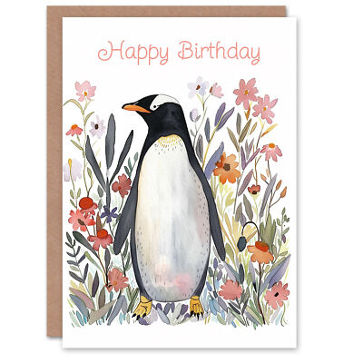 Cute Penguin in Wildflower Meadow Watercolour Birthday Card