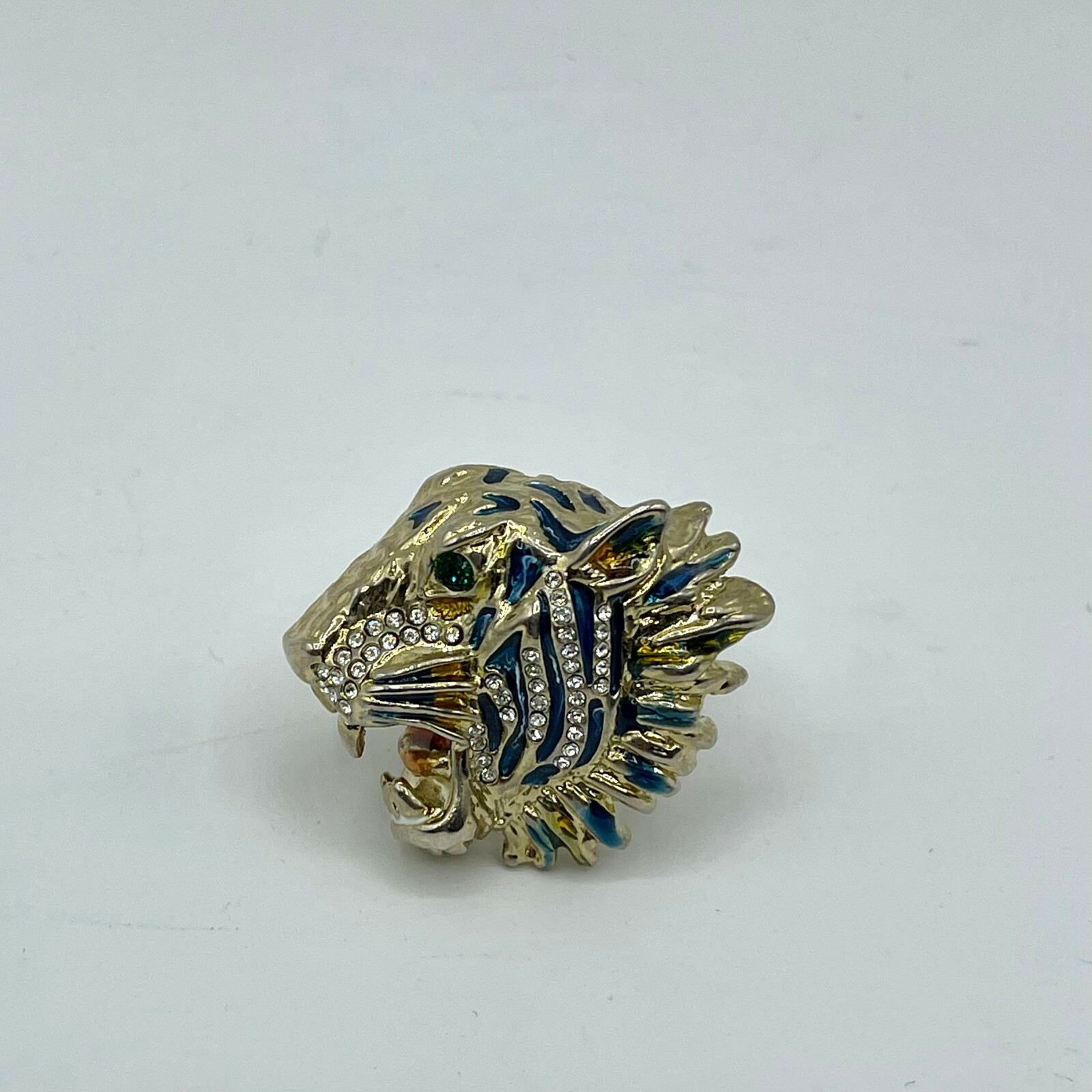 Pre-owned Gucci Women's Bronze Rajah Tiger Head Ring With Crystals S 539159 8488 In Green