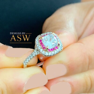 Pre-owned Asw 14k Solid White Gold Cushion Moissanite And Natural Diamonds And Ruby Ring 2.20