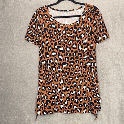 Amazon 2X Shirt Top Brown Animal Chetah Print Scoop Neck Ruched Short Sleeve
