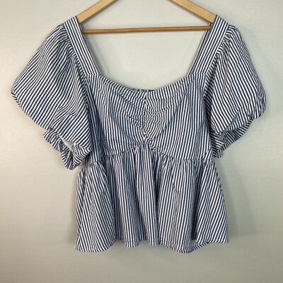 Old Navy Top XXL Blue White Striped Puff Sleeve Babydoll Blouse Women's NWT