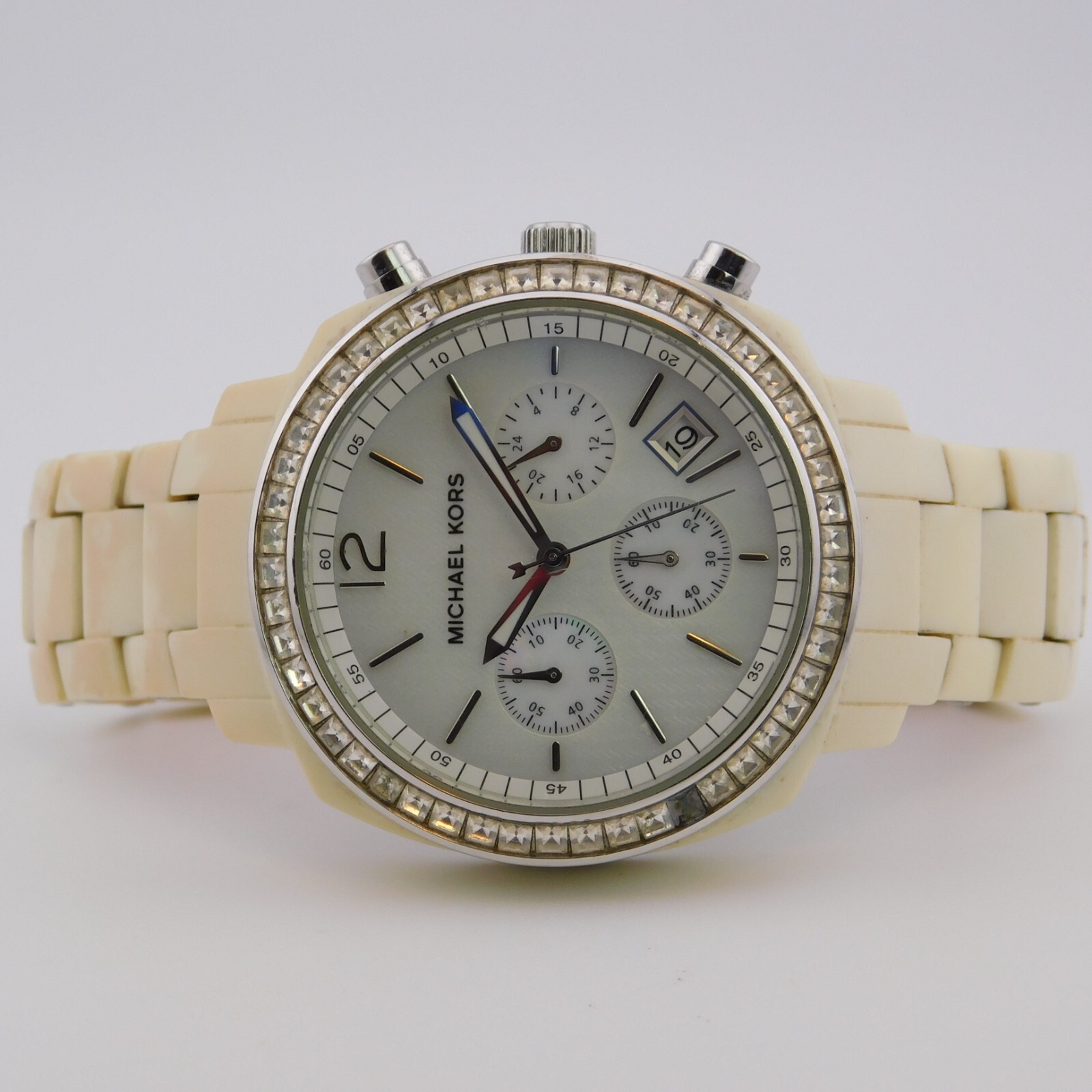 Michael Kors Runway MK-5079 White Acrylic Band Women’s Watch New Battery Michael kors Watch Women 40mm MOP Dial White Case Date  main image 3