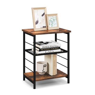 3-Tier Side End Table w/ Adjustable Mesh Shelf Narrow Nightstand