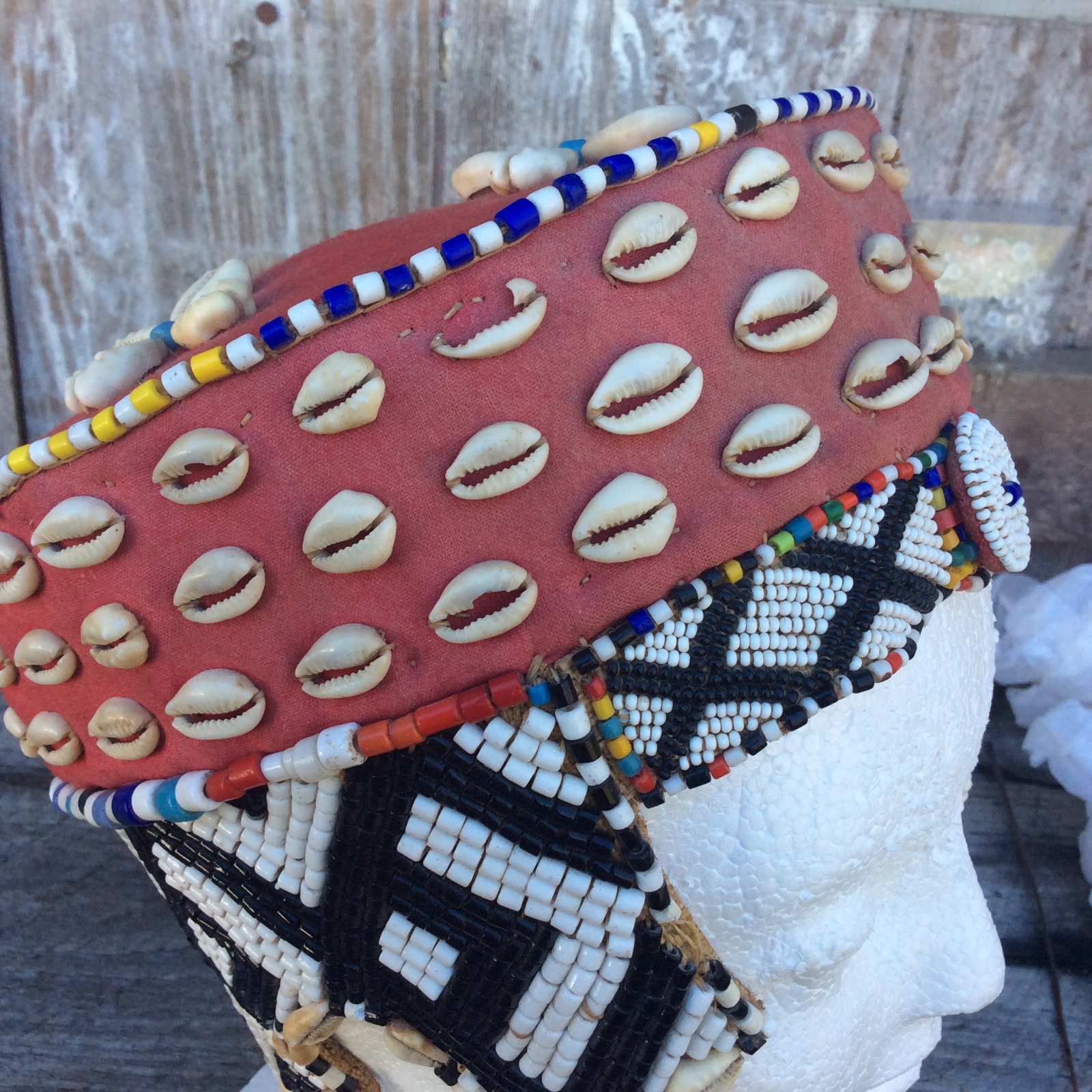 Vintage Zairian Congo Kuba prestige hat with cowrie shells