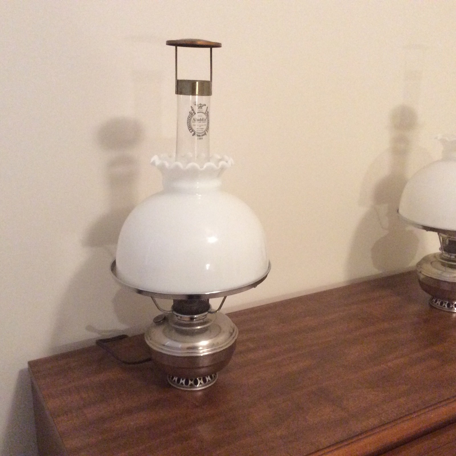 TWO Vintage Antique Aladdin Model No. 11 Oil Lamps With Shades and Chimneys