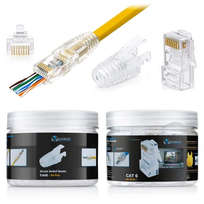 Solutions Rj45 Cat6 Pass Through Connectors And Strain Relief Boots Pack Of 50/5