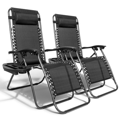 2 Folding Zero Gravity Lounge Chairs + Utility Tray Outdoor Beach Patio US