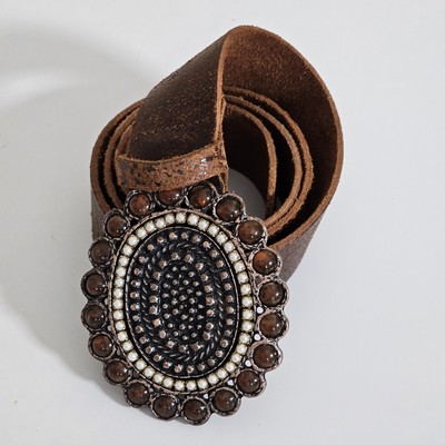 Sisley Womens Leather Belt Size S Buckle Studs Brown Boho Y2K Designer Timeless
