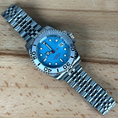40mm Custom Black Yachtmaster Style Dive Mod Watch No Logo Sky Blue Dial - NH35A