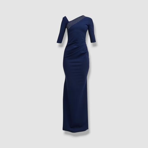 CHIARA BONI LA PETITE ROBE $1090 CHIARA BONI WOMEN'S BLUE RHINESTONE RUCHED MALGUEN GOWN DRESS SIZE 42