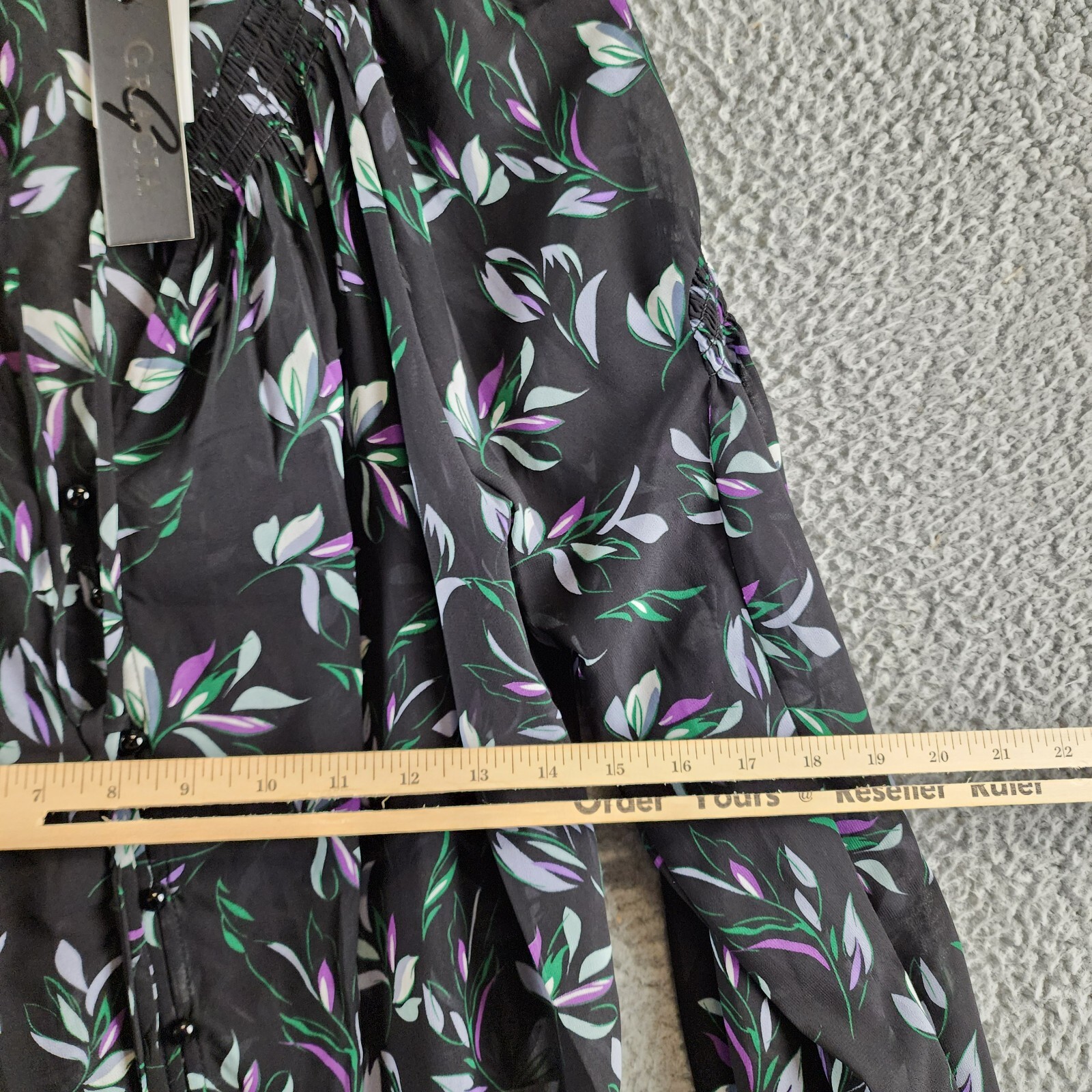 Gracia Floral Button Front Blouse Women's M Black Multi Shirred Long Sleeve - Picture 8 of 14