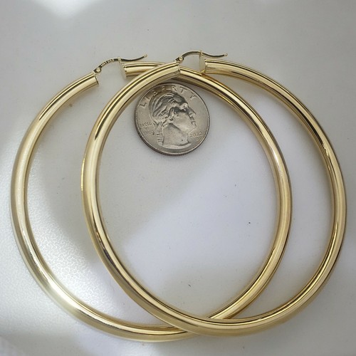 Pre-owned Handmade Extra Large Big Huge Thick Real 14k Yellow Gold Plain Hoop Earrings 3.50 Inches