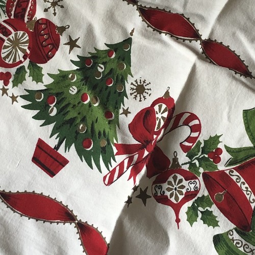 Vintage Christmas Holiday Tablecloth 61” Round White with Trees Ornaments Fringe